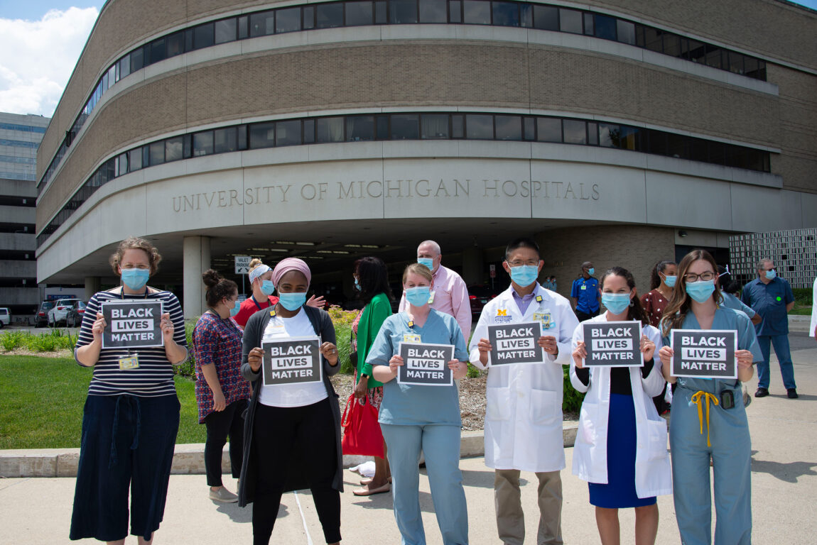 Michigan Medicine employees share messages of support during a Juneteenth tribute June 19, 2020. (Photo by Henry Hedly, Michigan Medicine)