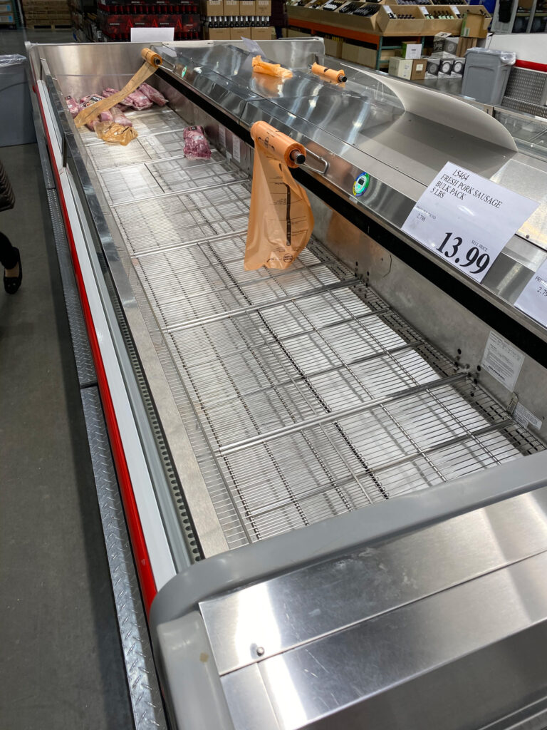 Many shelves at the Ann Arbor Costco were empty March 11, 2020, as people stocked up on supplies en masse. (Photo by Holly Reynolds)