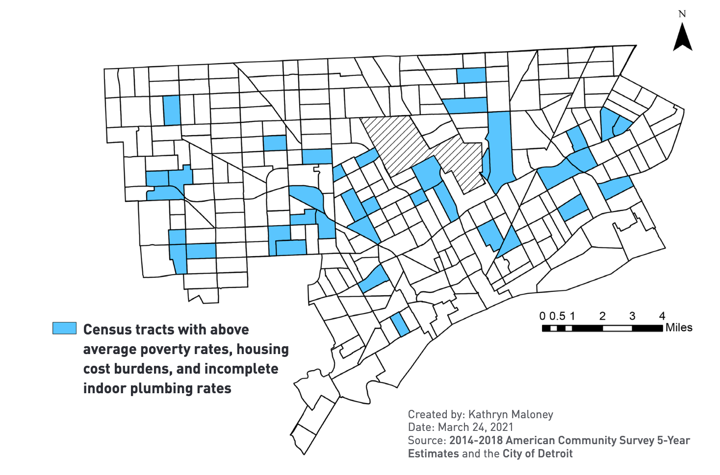 In a new study of water access and affordability in Detroit, University of Michigan researchers determined that about 10% of the city's population is “triple burdened,” meaning those residents face higher than average rates of poverty, housing cost burden, and incomplete plumbing. The researchers analyzed census tracts and mapped the overlap between various factors that affect water affordability. Image credit: From "Addressing the Links Between Poverty, Housing and Water Access and Affordability in Detroit," University of Michigan Poverty Solutions, June 2021.