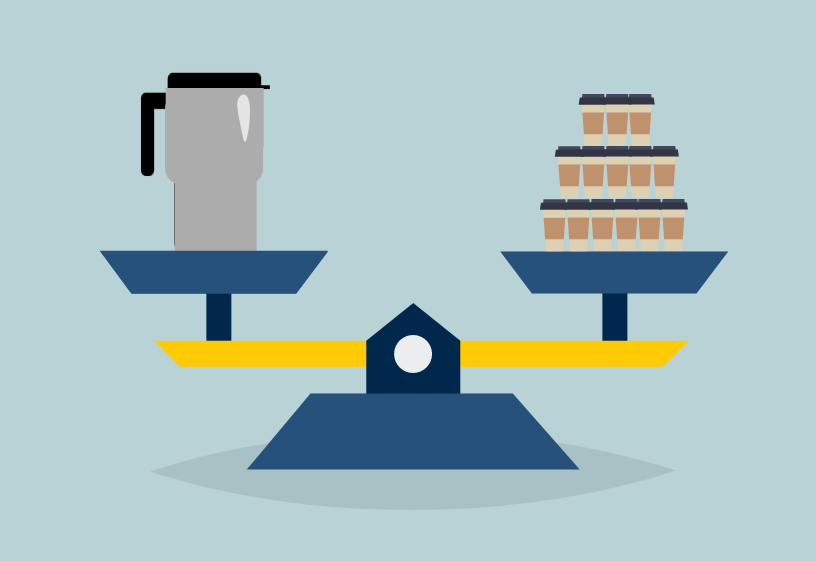 scale with reuable coffee cup on one side and many small plastic coffee cups on the other.