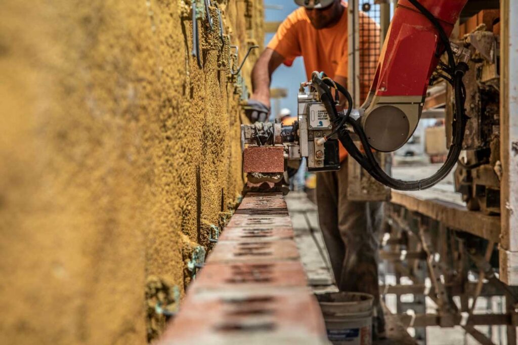 Barton Malow already uses simple robots on some job sites, such as the Semi-Automated Mason, which mortars and places bricks in the exterior walls of large buildings. The firm is a collaborator on a $2M, U-M led project that aims to enable robots to learn from and cooperate with human construction workers. Image credit: Construction Robotics
