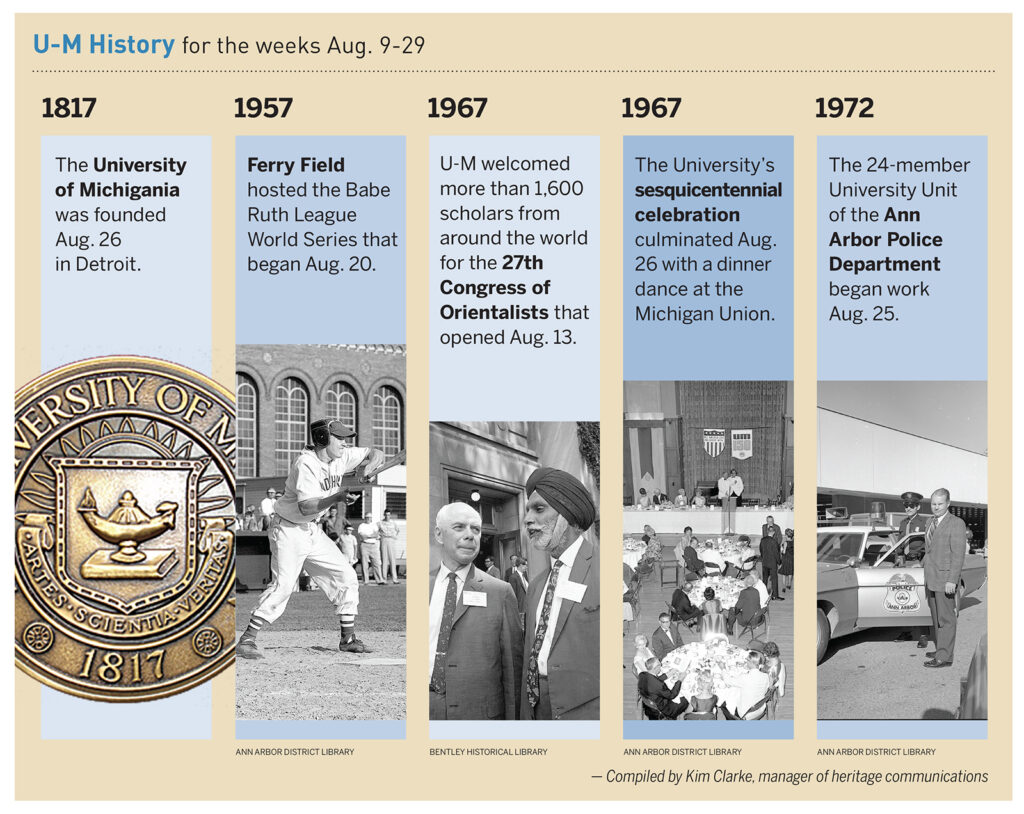 The university's sesquicentennial celebration culminated with a dinner dance Aug. 26, 1967, at the Michigan Union. Read about some of the other things that happened in U-M history during the weeks of Aug. 9-29.