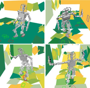A virtual robot shows different modes of motion, with only feet, with one hand, or with both, as it traverses rough terrain. Credit Yu-Chi Lin.