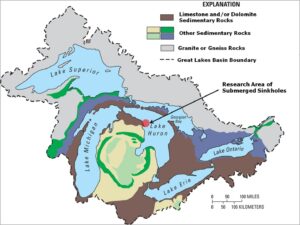 Map of the Great Lakes basin showing the geological context. Arrow and red circle indicate the location of several submerged Lake Huron sinkholes, including the Middle Island Sinkhole. Image credits: Figure from Biddanda et al. 2012, published in Nature Education Knowledge, and originally sourced from Granneman et al. 2000.
