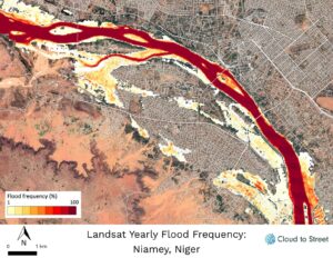 Satellite image showing yearly flood frequency in Niamey, the capital of Niger and the West African country's largest city. Niamey lies on the Niger River. In the graphic, dark red indicates areas with the highest flood frequency. Image credit: Cloud to Street.