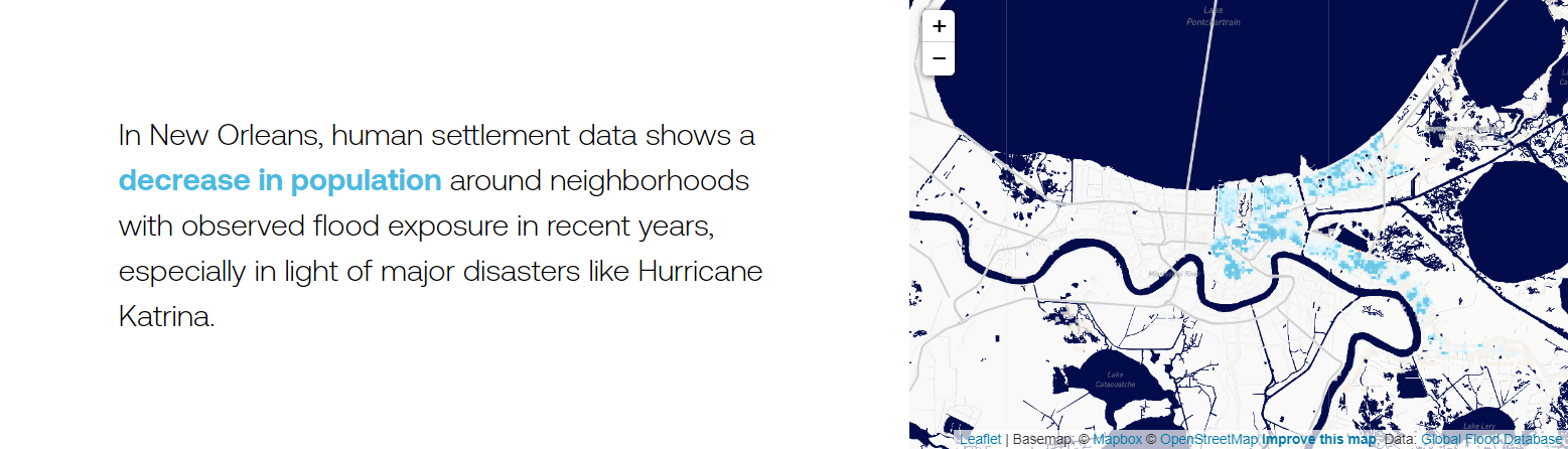 In New Orleans, human settlement data shows a decrease in population around neighborhoods with observed flood exposure in recent years, especially in light of major diasters like Hurricane Katrina.