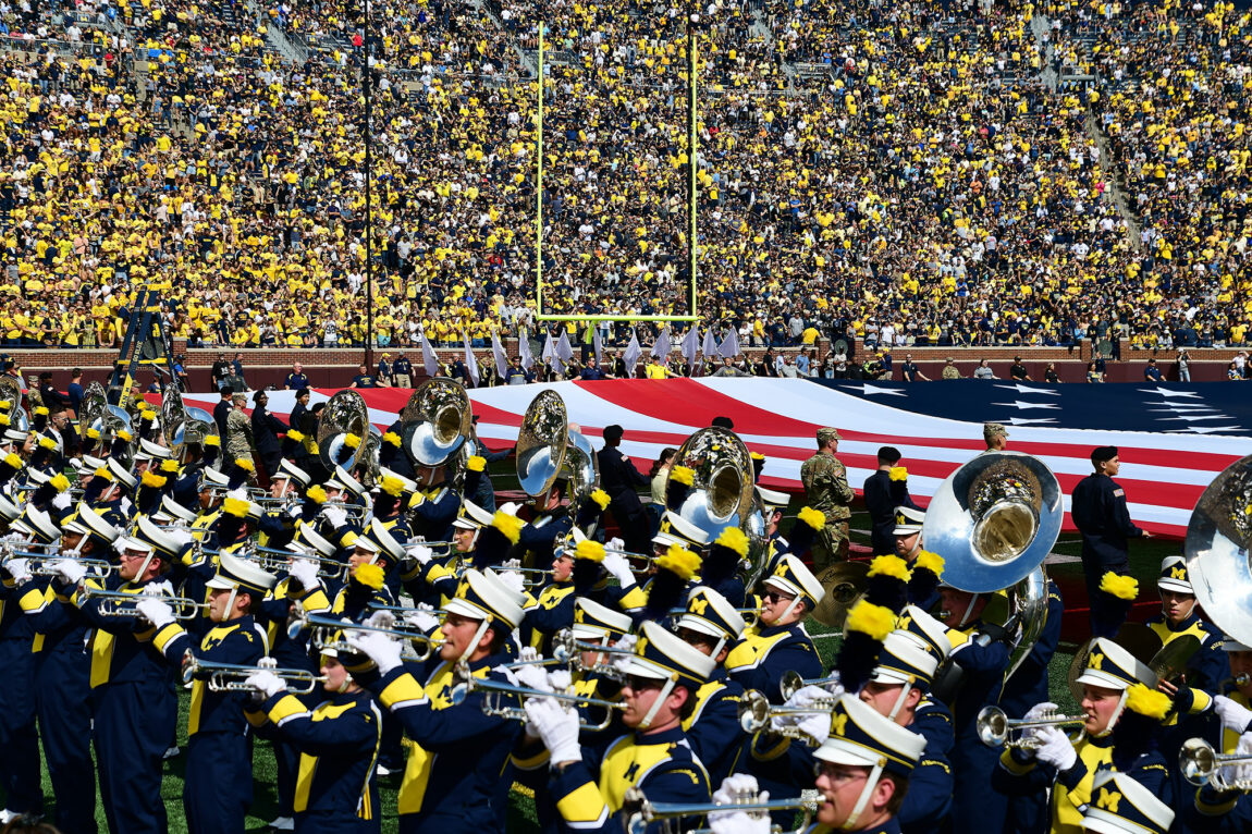 Photo of the Michigan Marching Band performing its halftime show on Sept. 7, 2019.