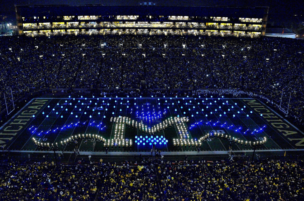 Photo from the Michigan Marching Band's halftime performance on Oct. 11, 2014, during a night game against Penn State.