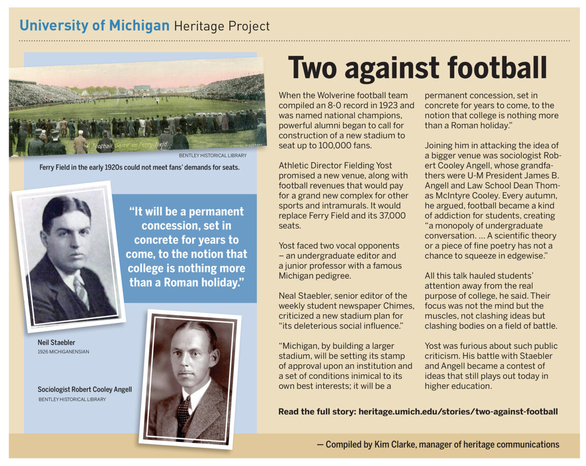 In the 1920s, Americans had gone nuts for college football, and a stadium race was under way. When Fielding Yost sought to build a larger stadium to replace Ferry Field, he did not have the support of two people in particular: Neil Staebler, editor of The Chimes, and sociologist Robert Cooley Angell.&nbsp;