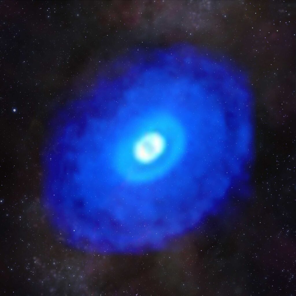 This composite image of ALMA data from the young star HD 163296 shows hydrogen cyanide emission laid over a starfield. The MAPS project zoomed in on hydrogen cyanide and other organic and inorganic compounds in planet-forming disks to gain a better understanding of the compositions of young planets and how the compositions link to where planets form in a protoplanetary disk. Image credit: ALMA (ESO/NAOJ/NRAO)/D. Berry (NRAO), K. Öberg et al (MAPS)