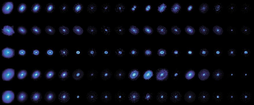Pictured is a collage showing about 50% of the complete data from the MAPS collaboration. Image credit: Charles Law, Molecules with ALMA at Planet-forming Scales