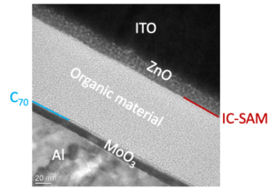 Transmission electron microscope (TEM) image of a cross-sectional slice of an OPV with the added layers of material