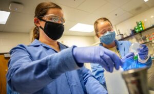 Delaney Snead, a graduate student research assistant, and Kate Harrison, a PhD student, are members of the University of Michigan’s Wigginton Research Group—recipient of a $1.2 million grant from EPA to evaluate the effectiveness of wastewater treatment methods for removing viruses from water. Image credit: Robert Coelius, University of Michigan Engineering