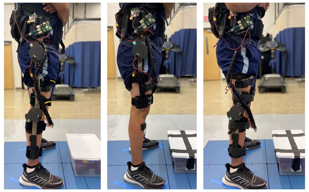 Preliminary knee and hip designs for a new powered exoskeleton system. It attaches motors to off-the-shelf orthotic braces to provide better mobility to the wearer. Image credit: Locomotor Control Systems Laboratory, University of Michigan