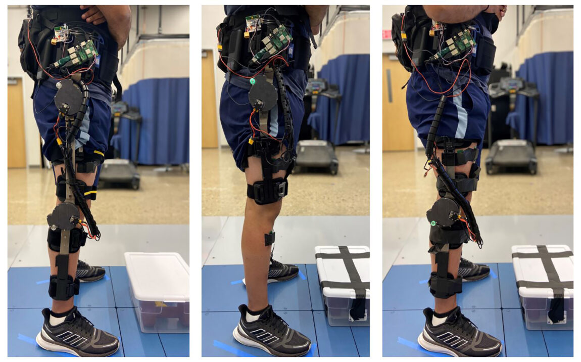 Preliminary knee and hip designs for a new powered exoskeleton system. It attaches motors to off-the-shelf orthotic braces to provide better mobility to the wearer. (Courtesy of Locomotor Control Systems Laboratory)
