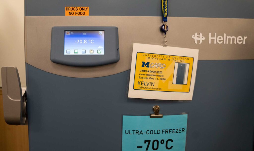 Low-temperature freezers like this one at University of Michigan Hospital in Ann Arbor, are used to keep vaccines and other medicines super-cold. Image credit: Joe Hallisy, Michigan Medicine
