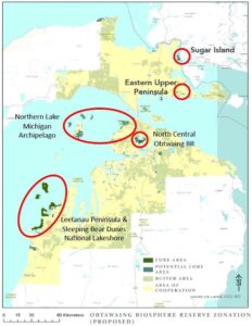 Jason Tallant, data manager for the University of Michigan Biological Station, created a map of the Obtawaing Biosphere Region. Image credit: Jason Tallant/U-M Biological Station