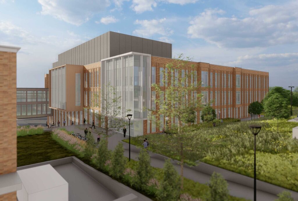 A schematic presents a view from the northeast, showing how the new Leinweber Computer Science and Information building will fit with the existing Bob and Betty Beyster Building, which houses the computer science and engineering. The new building will enable a convergence between the School of Information and computer science and engineering. Image credit: Architecture, Engineering and Construction