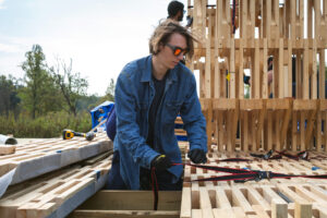 The research team spent more than six months designing and creating Robotically Fabricated Structure at U-M’s Taubman College of Architecture and Urban Planning before installing it over the course of several weeks at the nearby U-M Matthaei Botanical Gardens. Image credit: Jacob Cofer/University of Michigan Taubman College of Architecture and Urban Planning