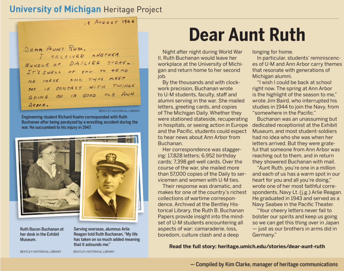 By the thousands and with clockwork precision, Ruth Buchanan wrote to U-M students, faculty, staff and alumni serving in World War II. Whether they were stationed stateside, recuperating in hospitals, or seeing action in Europe and the Pacific, students could expect to hear news about Ann Arbor from Buchanan.