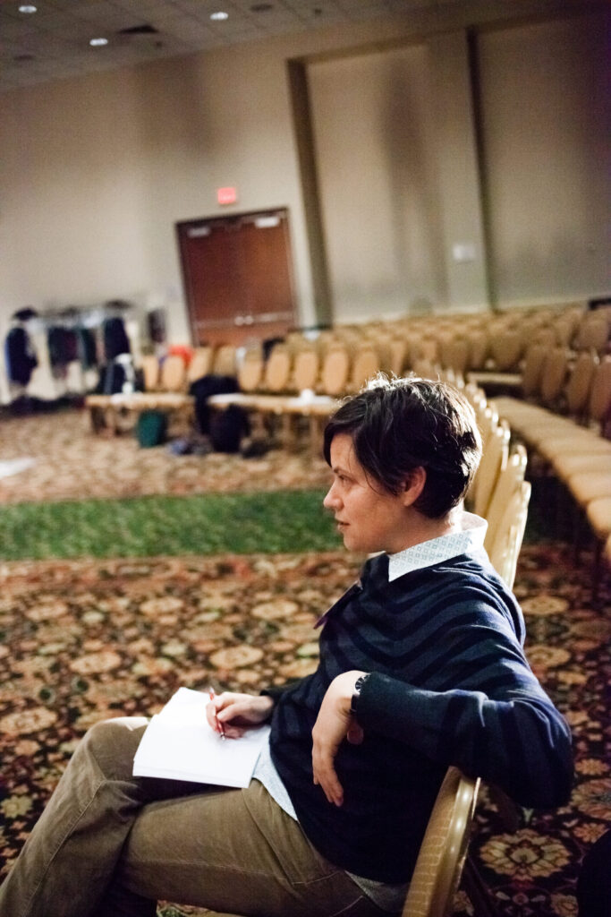Clare Croft, associate professor of American culture, participates in a rehearsal for "theoryography 4.5 we [still] queer here" with the SLIPPAGE performance group, from whom she serves as dramaturg, at the Duke Feminist Theory workshop in 2016. (Photo by Zoe Litaker)