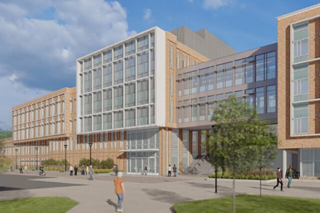 A view of the new building's south elevation looking west.