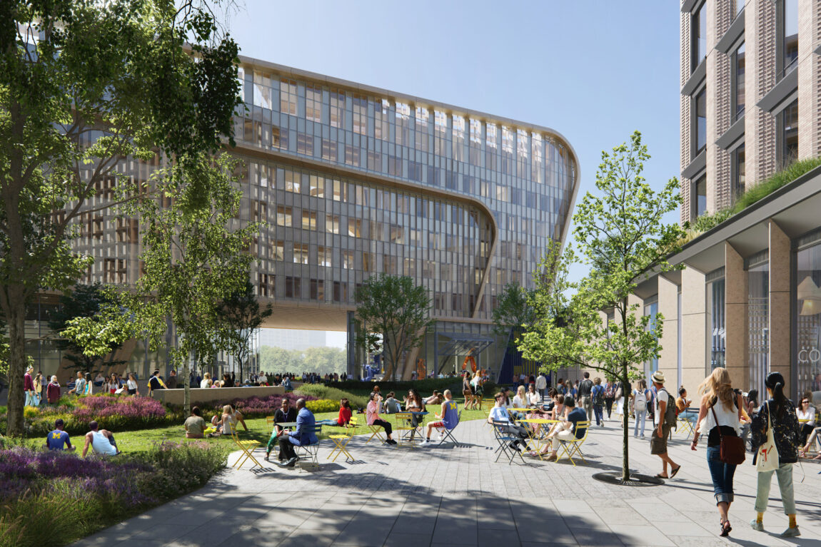 Artist's rendering of a common area outside the Detroit Center for Innovation.
