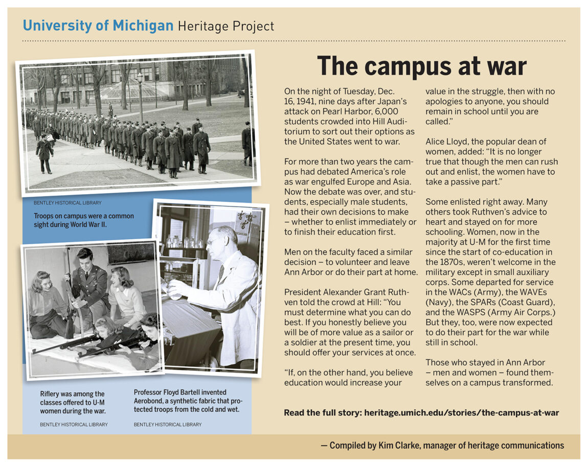 In the days following the Dec. 7, 1941, attack on Pearl Harbor, U-M students — both male and female — had decisions to make regarding their response to the United States entering World War II. Their options were to serve in the armed forces or remain in school to continue their education before being called into service.