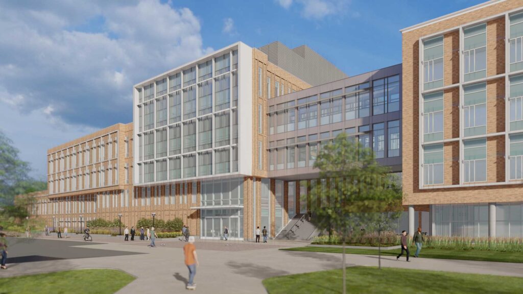 A schematic presents a view from the southeast, showing how the new Leinweber Computer Science and Information building will fit with the existing Bob and Betty Beyster Building, which houses the computer science and engineering. The new building will enable a convergence between the School of Information and computer science and engineering. Image courtesy: Architecture, Engineering and Construction
