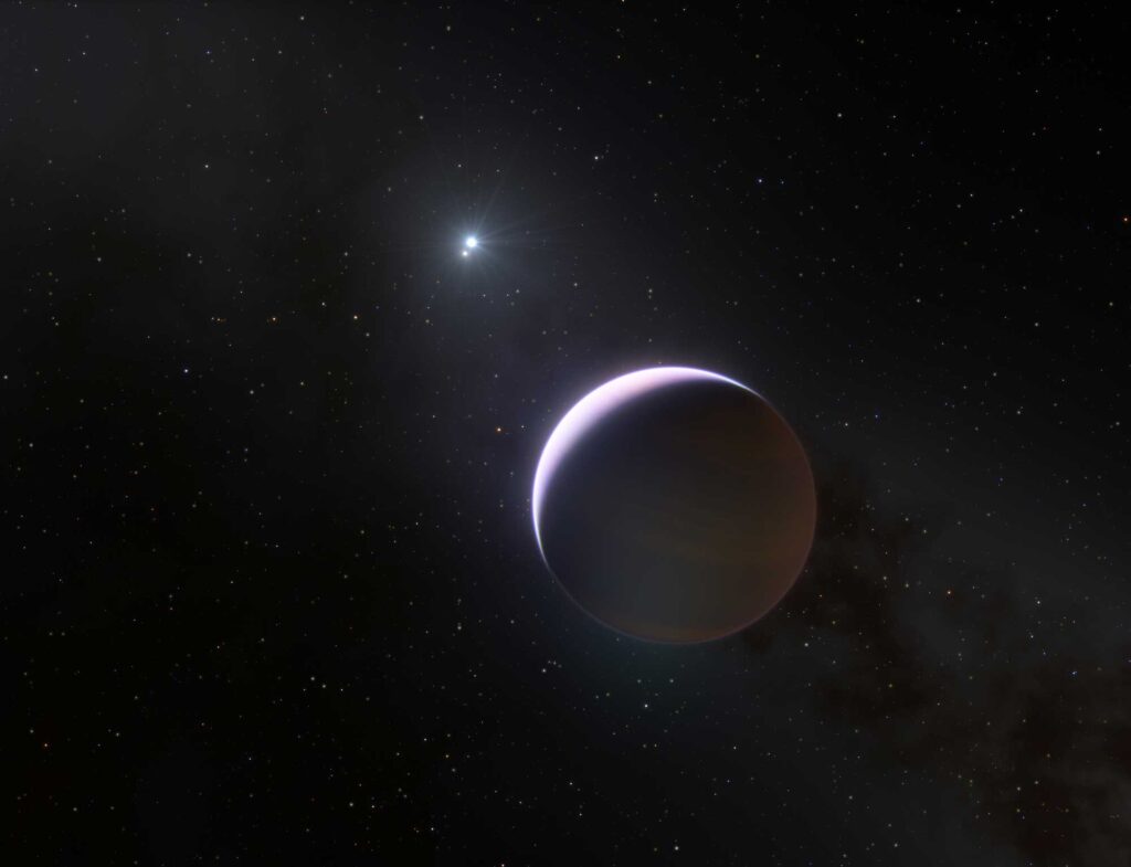 This artist’s impression shows a close up of the planet b Centauri b, which orbits a binary system with mass at least six times that of the sun. This is the most massive and hottest planet-hosting star system found to date. The planet is ten times as massive as Jupiter and orbits the two-star system at 100 times the distance Jupiter orbits the sun. Image credit: ESO/L. Calçada