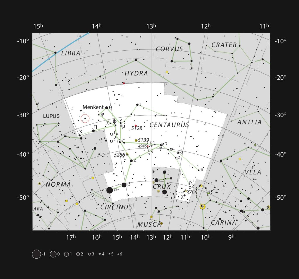 This chart shows the location of the b Centauri system, the most massive and hottest planet-hosting star pair to date. This map shows most of the stars visible to the unaided eye under good conditions and the system itself is marked with a red circle. Image credit: ESO, IAU and Sky & Telescope
