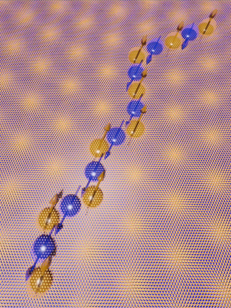 Layering two bilayer flakes of chromium triiodide and twisting them a tiny amount offsets the chromium atoms within the material and creates a more complex magnetic moment. Image credit: Zhao Lab, University of Michigan