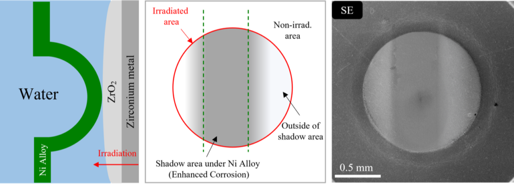 The first diagram shows the experimental setup, with the way the nickel alloy bends toward the zirconium alloy in the water-filled corrosion cell. The zirconium oxide is thickest where the nickel alloy comes closest. The second diagram shows the strip of the circular zirconium alloy sample that is affected by the band of nickel alloy and radiation. Finally, the electron image shows the band of oxidation on the zirconium alloy sample. Images credit: Peng Wang, Michigan Ion Beam Laboratory