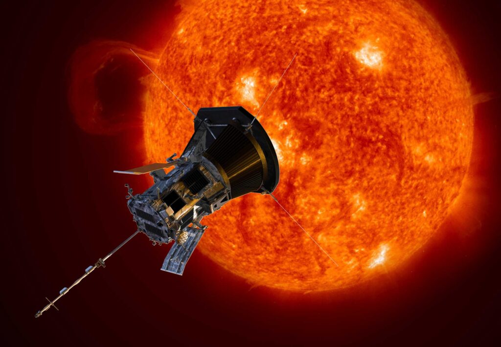 The Parker Solar Probe has collected the first data directly from the sun's corona, revealing the location of an important point in the sun's atmosphere. Its findings will help predict the impacts of solar weather. Image credit: NASA/Johns Hopkins APL/Steve Gribben