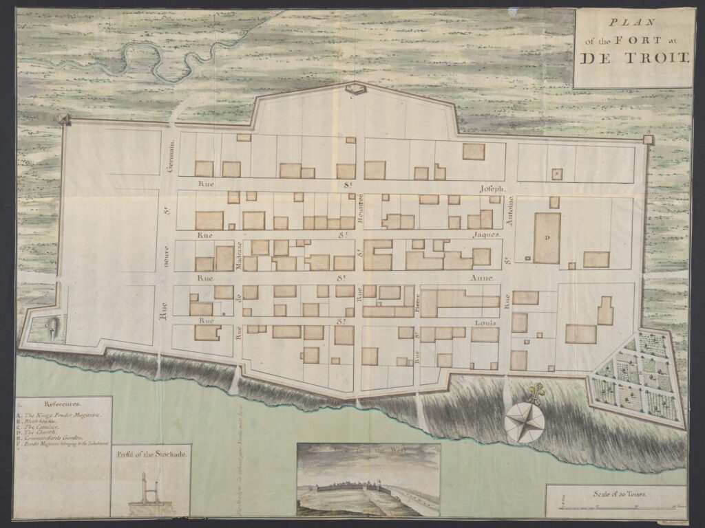 Digital facsimile of cartographer William Brasier’s “Plan of the Fort at De Troit,” (1761) recently acquired by the William L. Clements Library at the University of Michigan. Its key of References identifies the following locations: “A. The King’s Powder Magazine. B. Block-houses. C. The Cavalier. D. The Church. E. Commandants Garden. F. Powder Magazine belonging to the Inhabitants.”