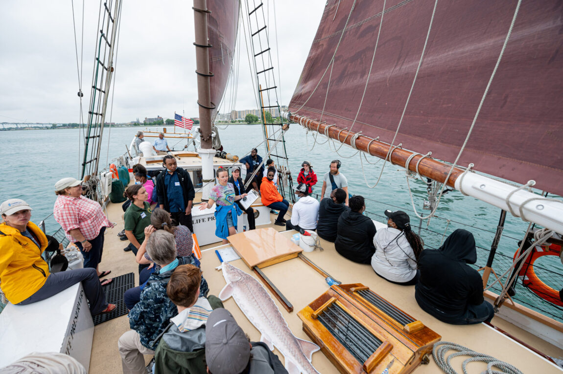 The schooner Inland Seas takes Detroit students and others on a sail along the Detroit River. Students, along with some help from staff and volunteers, conduct scientific tests, and learn about local history. (Eric Bronson, Michigan Photography)