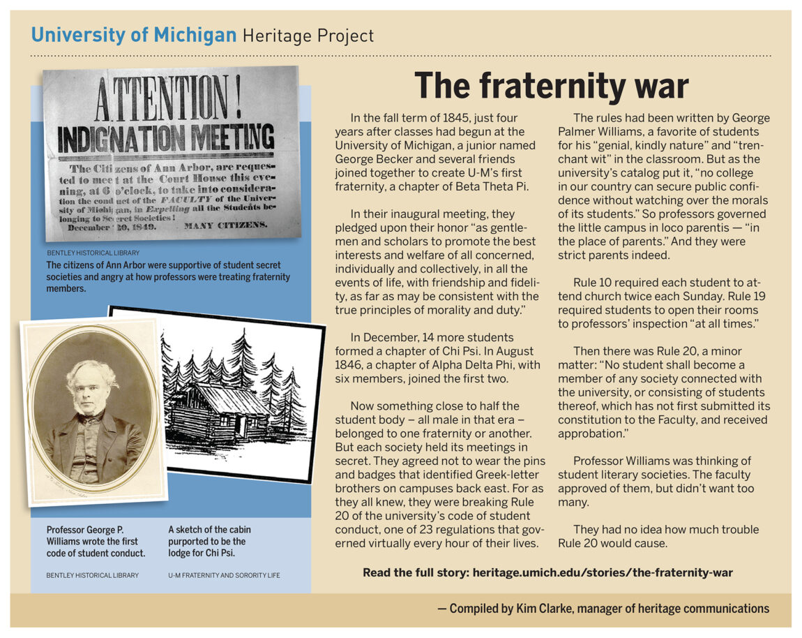 In the fall term of 1845, just four years after classes had begun at the University of Michigan, a junior named George Becker and several friends joined together to create U-M’s first fraternity, a chapter of Beta Theta Pi. As they all knew, they were breaking Rule 20 of the university’s code of student conduct.