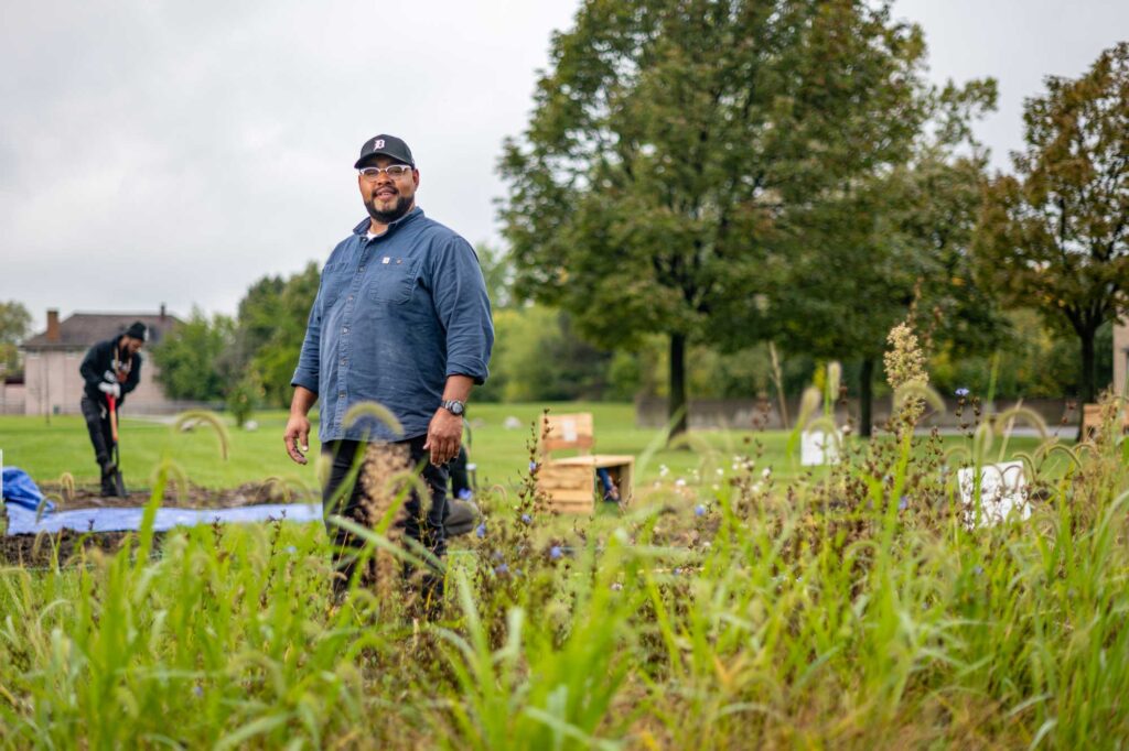 University of Michigan alumnus Douglas Jones is a Detroit-based artist who co-developed the Ancestor Posterity Butterfly Garden just outside the Joseph Walker Williams Center off of Rosa Parks Boulevard. Image credit: Eric Bronson, Michigan Photography