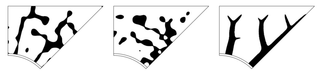 At times, the optimal shape can be counterintuitive. The design on the left, produced by the new algorithm, represents the best design among the three for copper structures in wax that remove heat from the copper pipe. The gradient-optimized design in the middle and the approximated design on the right would be slower at drawing heat out of the pipes. Image credit: Changyu Deng, Wei Lu Research Group