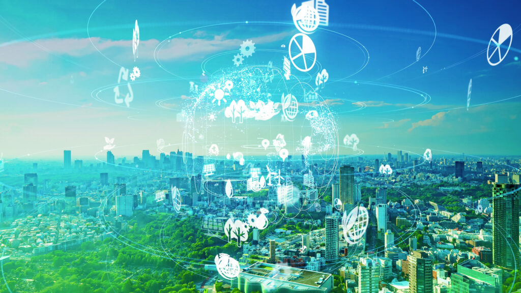 Concept image featuring pollution and data elements superimposed on an urban landscape. Image credit: iStock