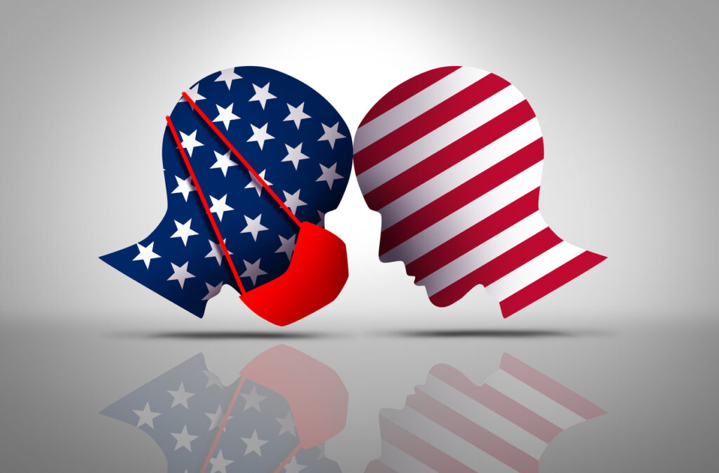Concept illustration depicting mask use and political divide. Image credit: iStock