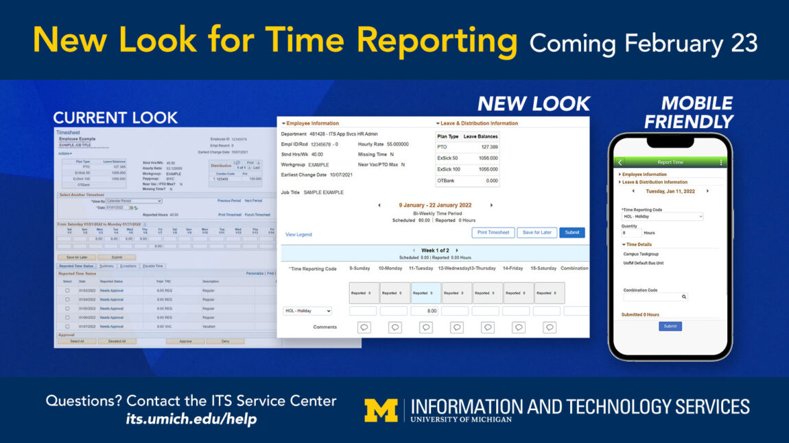 Graphic comparing the current and new appearances of the time reporting webpage.