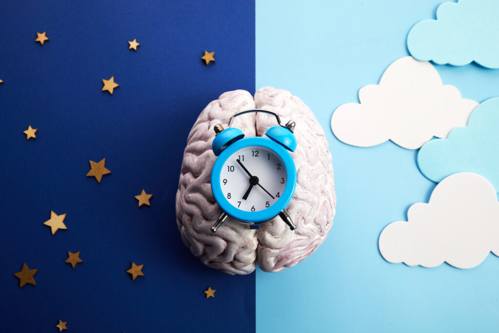 Concept illustration of an alarm clock atop a brain on a half night, half day background. Image credit: iStock