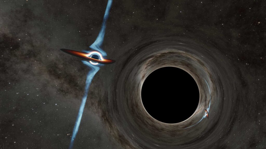 A team of researchers has discovered a pair of black holes orbiting each other 13 billion light-years away. The smaller black hole is in the foreground, and the more massive black hole, with a jet emanating from it and pointed at Earth, is in the background. Image credit: R. Hurt (IPAC)/Caltech