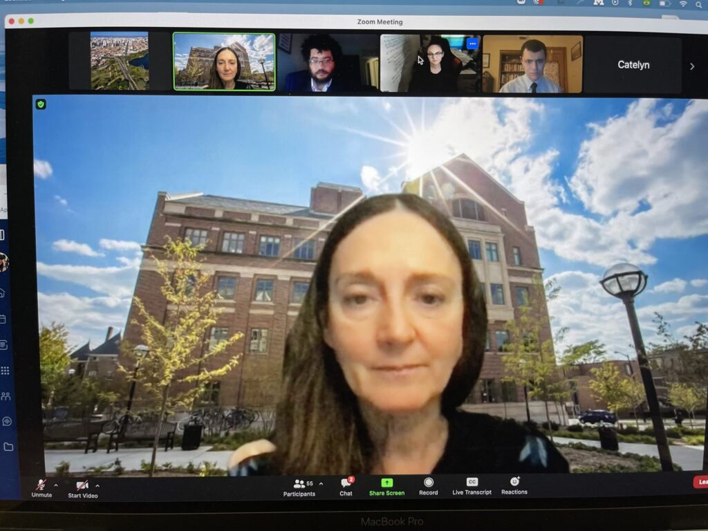 Ford School of Public Policy Professor Liz Gerber speaking on a Zoom call.