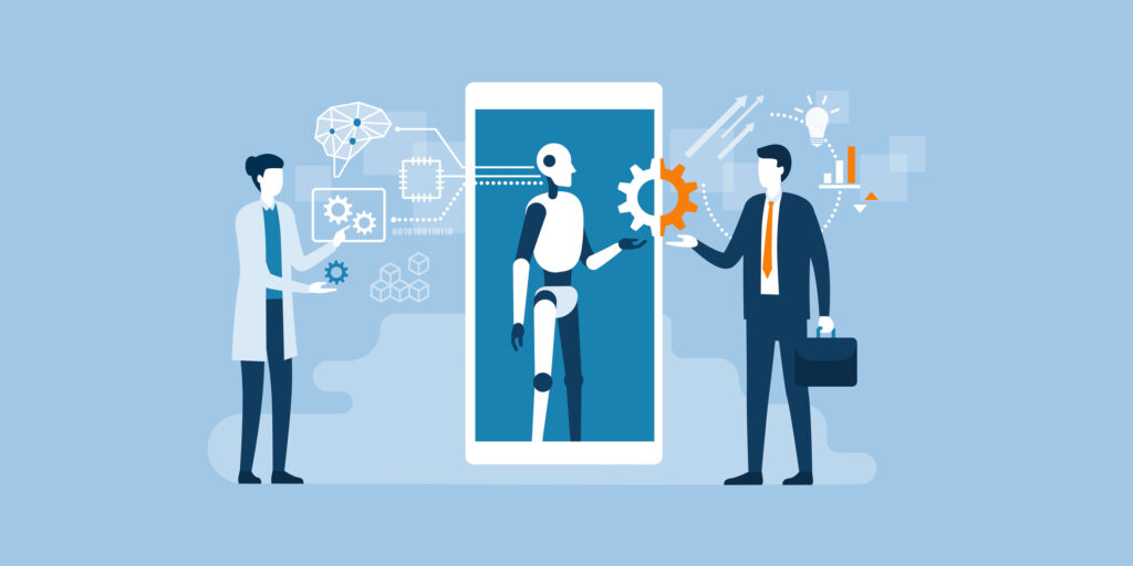 Concept illustration of workers and a robot. Image credit: iStock