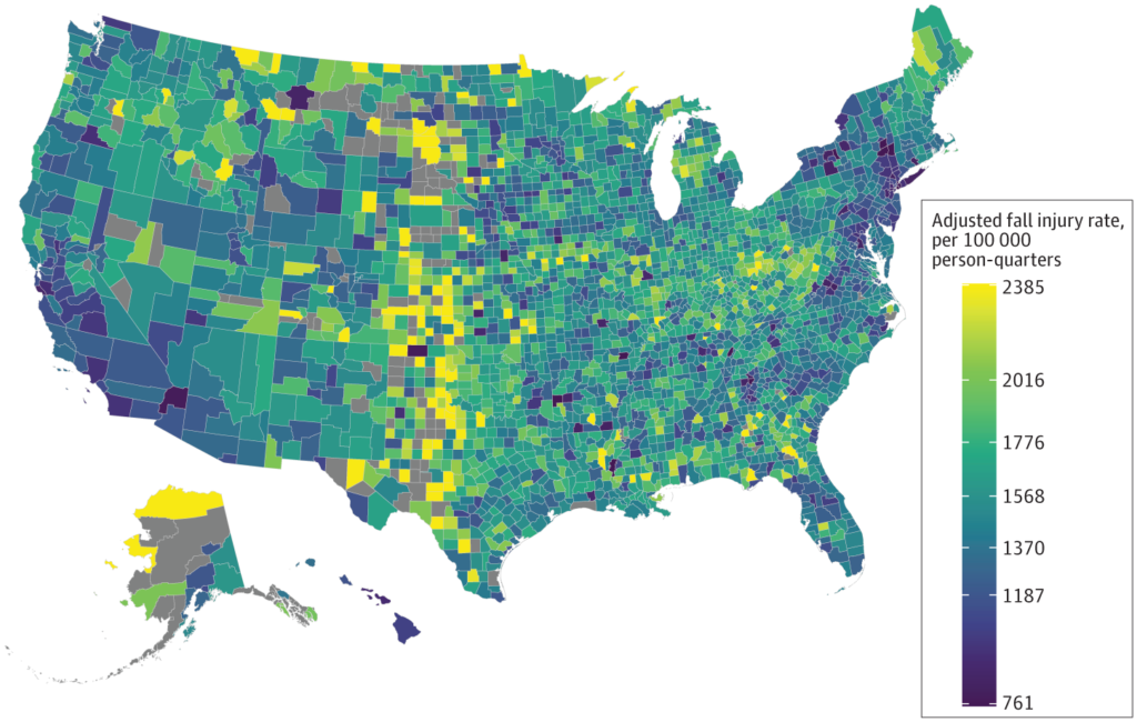Figure. Map of US Counties With Fall Injury Rates Per 100 000 Person-Quarters, 2016-2019