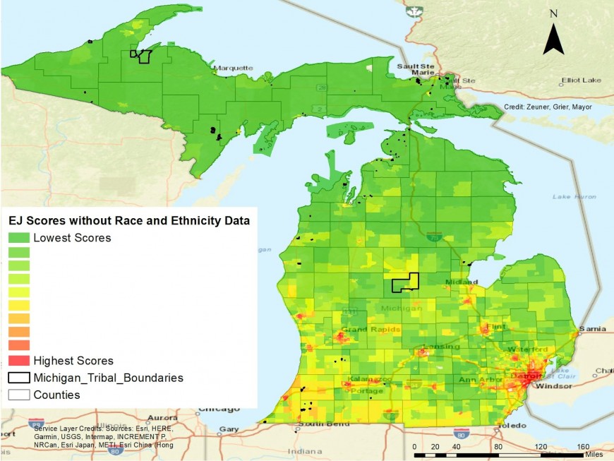 Final map of Michigan census tracts ranked by environmental justice scores. Image credit: figure 15 (from the report, "Assessing the State of Environmental Justice in Michigan")