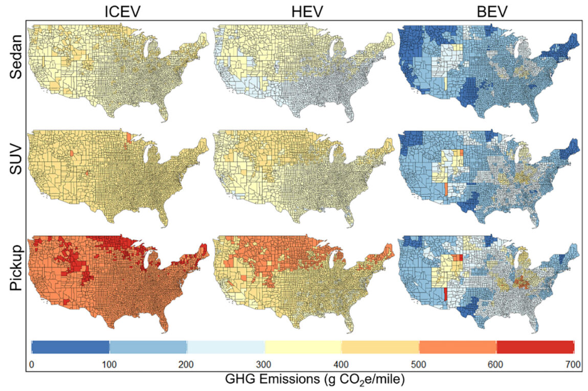 Life cycle greenhouse gas emissions for each vehicle class — pickup, SUV and sedan — and powertrain — internal combustion, hybrid and battery electric. Average lifetime emissions account for differences in grid emissions for electricity balancing areas and county-level differences in drive cycle and temperature effect on fuel economy.   