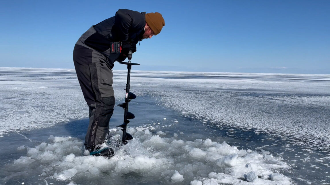 Snowmobile guide Ken Rice bores through Saginaw Bay ice with a battery-powered auger. The ice was 19 inches thick at the first sampling site during the Feb. 15 "Winter Grab" trip. (Michigan News photo.)